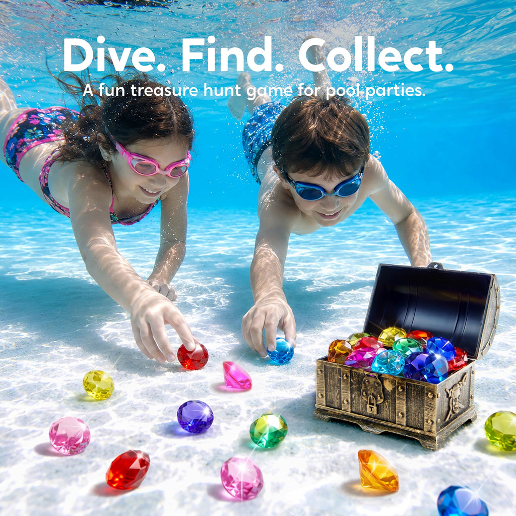 Sloosh Diving Gems Pool Toys - 16 Acrylic Diamond Gemstones with Pirate Treasure Chest - Underwater Dive Game for Kids