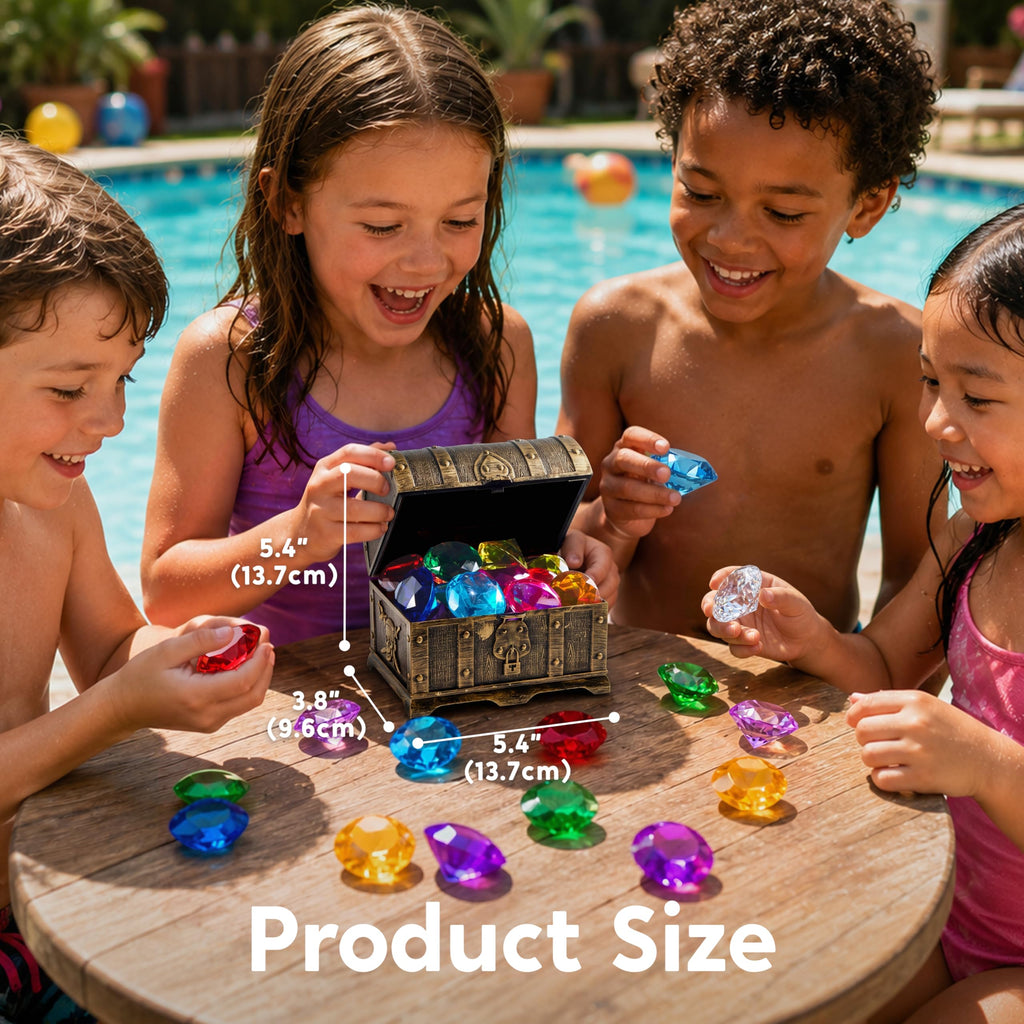 Sloosh Diving Gems Pool Toys - 16 Acrylic Diamond Gemstones with Pirate Treasure Chest - Underwater Dive Game for Kids
