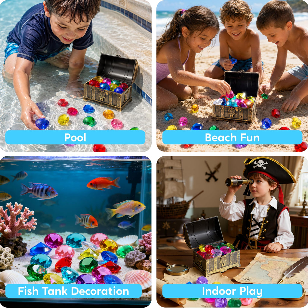 Sloosh Diving Gems Pool Toys - 16 Acrylic Diamond Gemstones with Pirate Treasure Chest - Underwater Dive Game for Kids