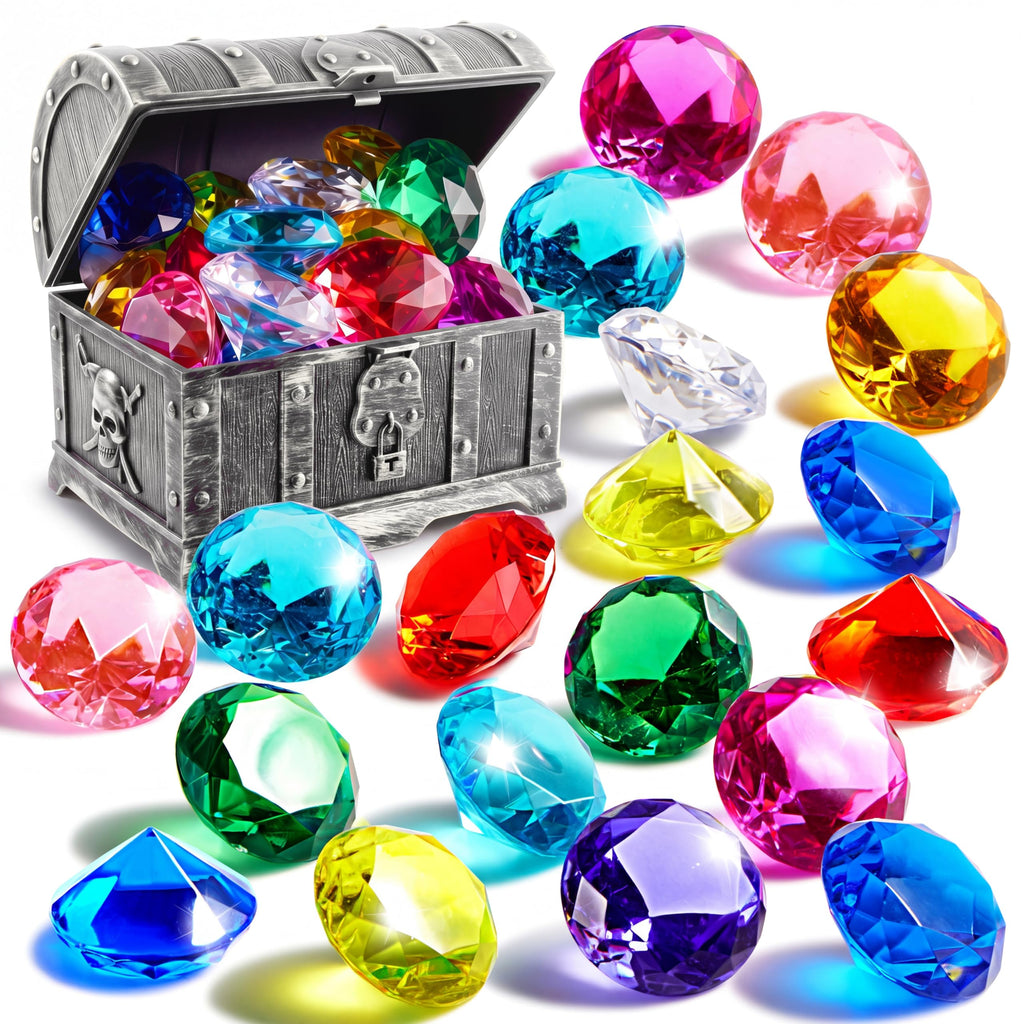 Sloosh Diving Gems Pool Toys – 16 Acrylic Diamond Gems in 12 Colors with Pirate Treasure Chest