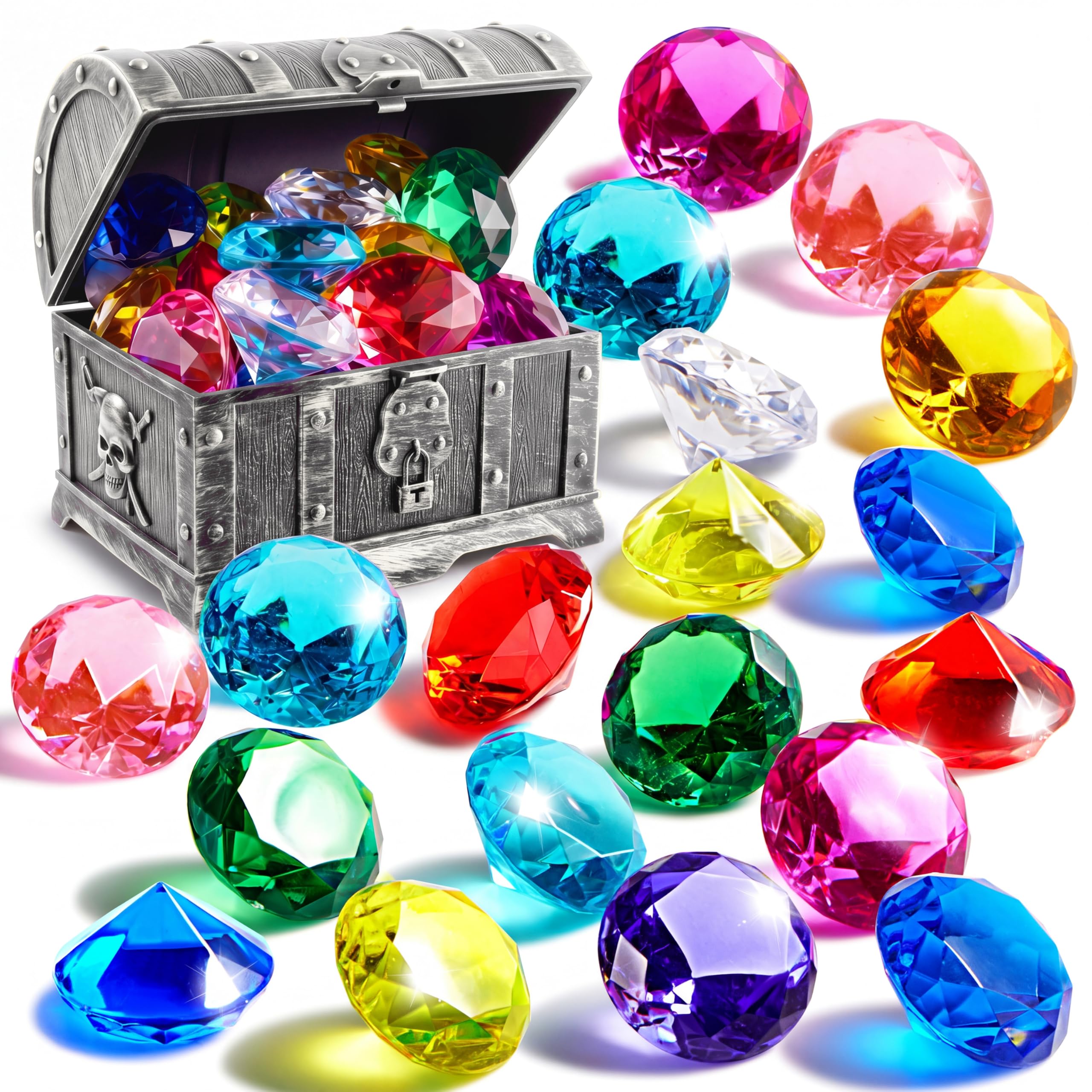 Sloosh Diving Gems Pool Toys – 16 Acrylic Diamond Gems in 12 Colors with Pirate Treasure Chest