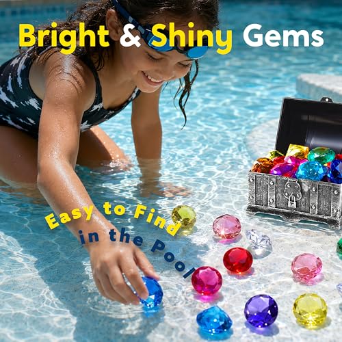 Sloosh Diving Gems Pool Toys – 16 Acrylic Diamond Gems in 12 Colors with Pirate Treasure Chest