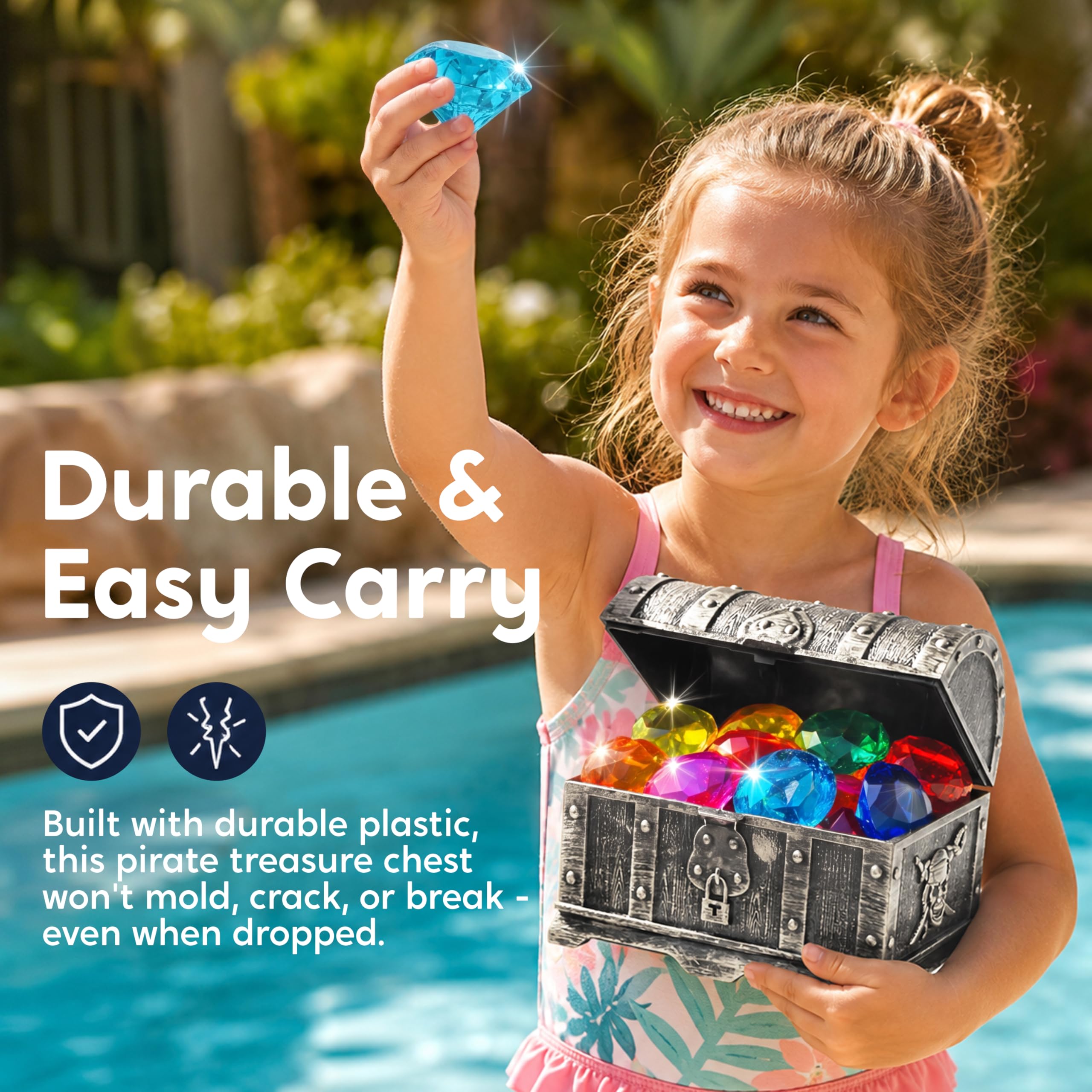 Sloosh Diving Gems Pool Toys – 16 Acrylic Diamond Gems in 12 Colors with Pirate Treasure Chest