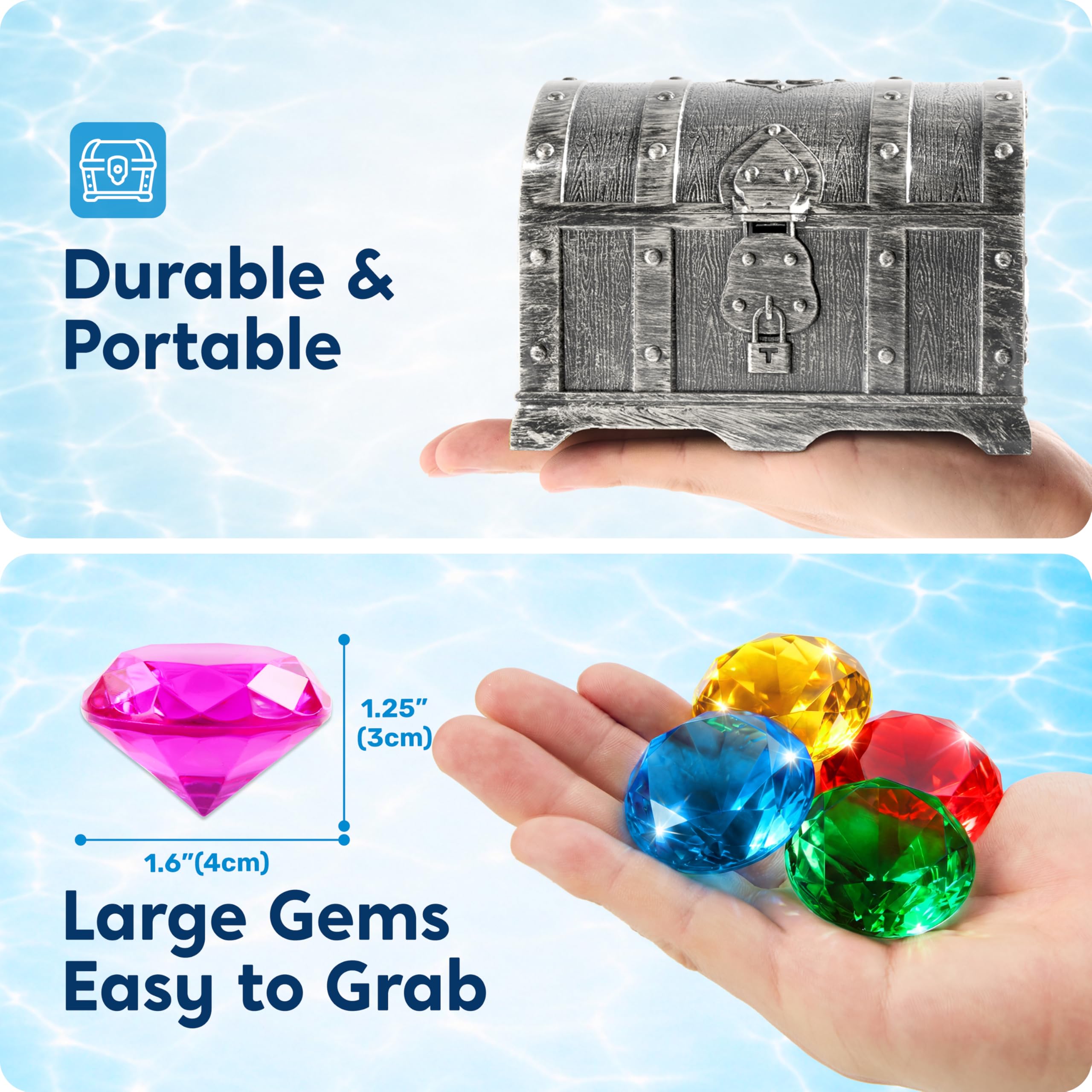 Sloosh Diving Gems Pool Toys – 16 Acrylic Diamond Gems in 12 Colors with Pirate Treasure Chest