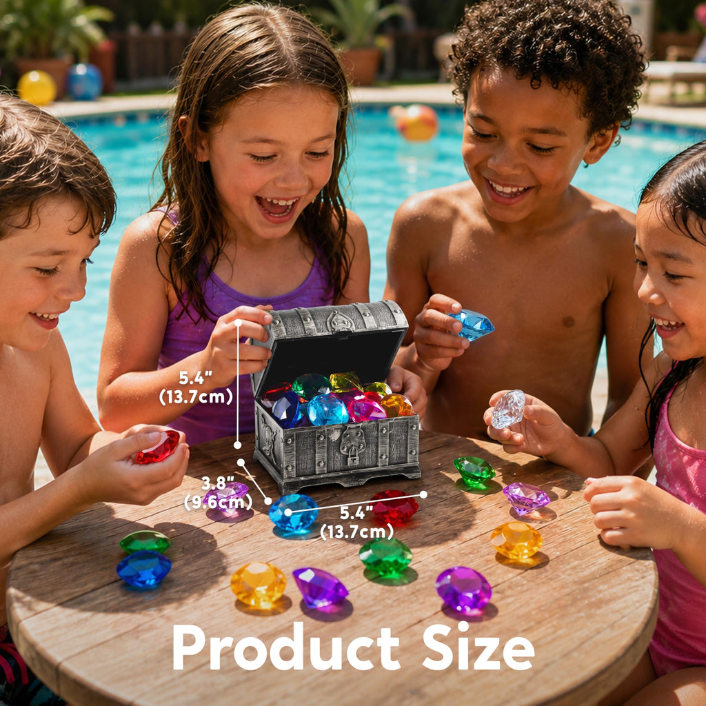 Sloosh Diving Gems Pool Toys – 16 Acrylic Diamond Gems in 12 Colors with Pirate Treasure Chest
