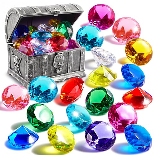 Sloosh Diving Gems Pool Toys – 16 Acrylic Diamond Gems in 12 Colors with Pirate Treasure Chest