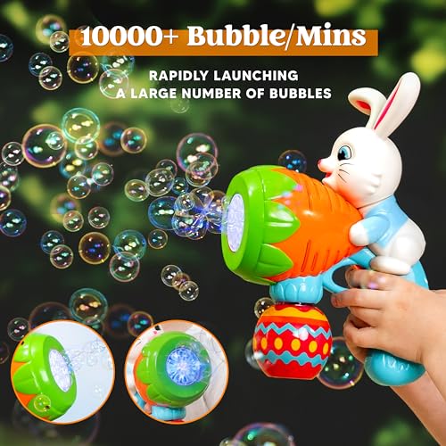 Sloosh Easter Bunny Bubble Gun with Lights for Toddlers Ages 3-8, Blue Rabbit Bubble Machine, 10000+ Bubbles/Min, Includes 6 Refills