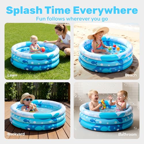 Sloosh Inflatable Kiddie Pool 34x10 Inches – Blue Fish Print Blow Up Pool for Toddlers, Ball Pit or Dog Pool