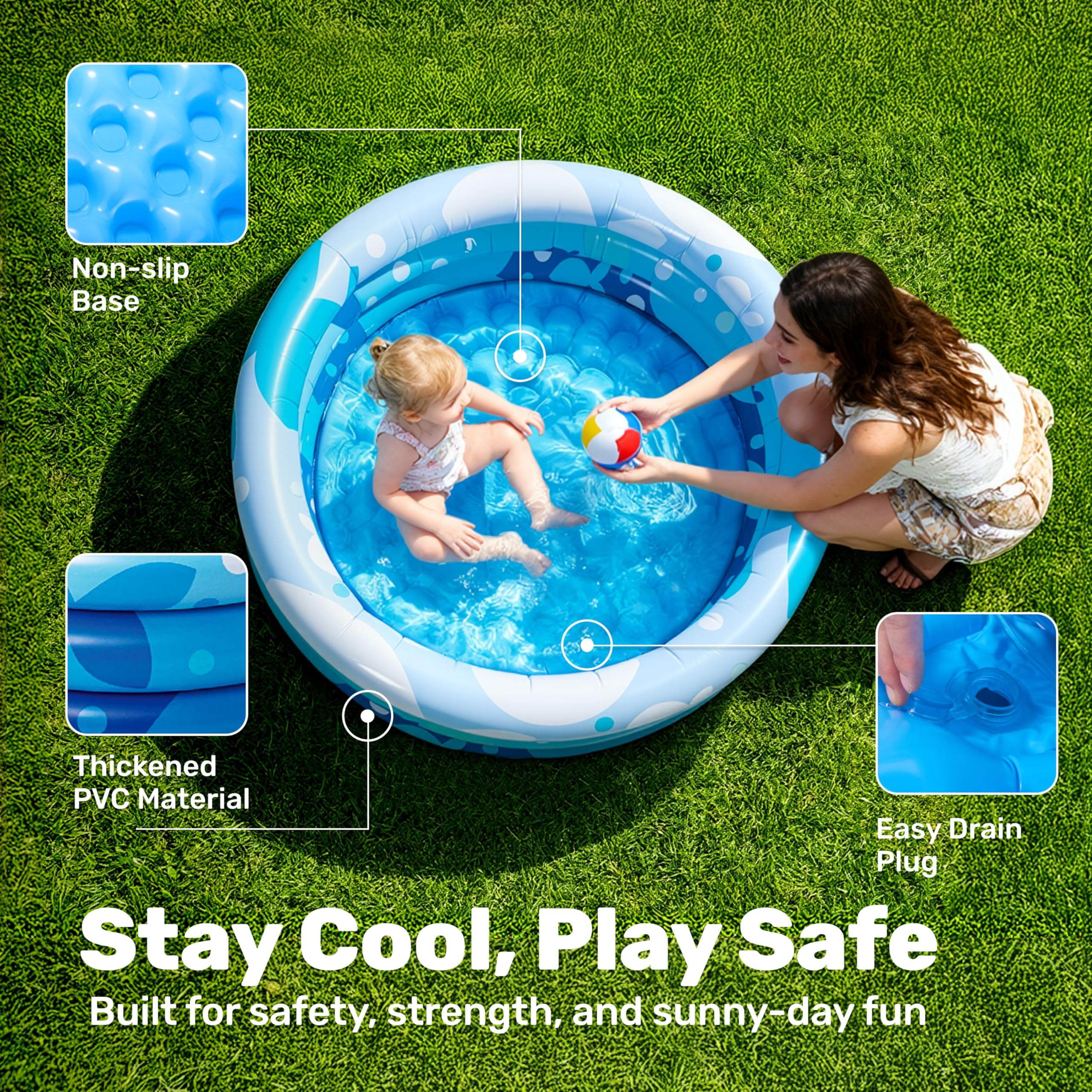 Sloosh Inflatable Kiddie Pool 34x10 Inches – Blue Fish Print Blow Up Pool for Toddlers, Ball Pit or Dog Pool