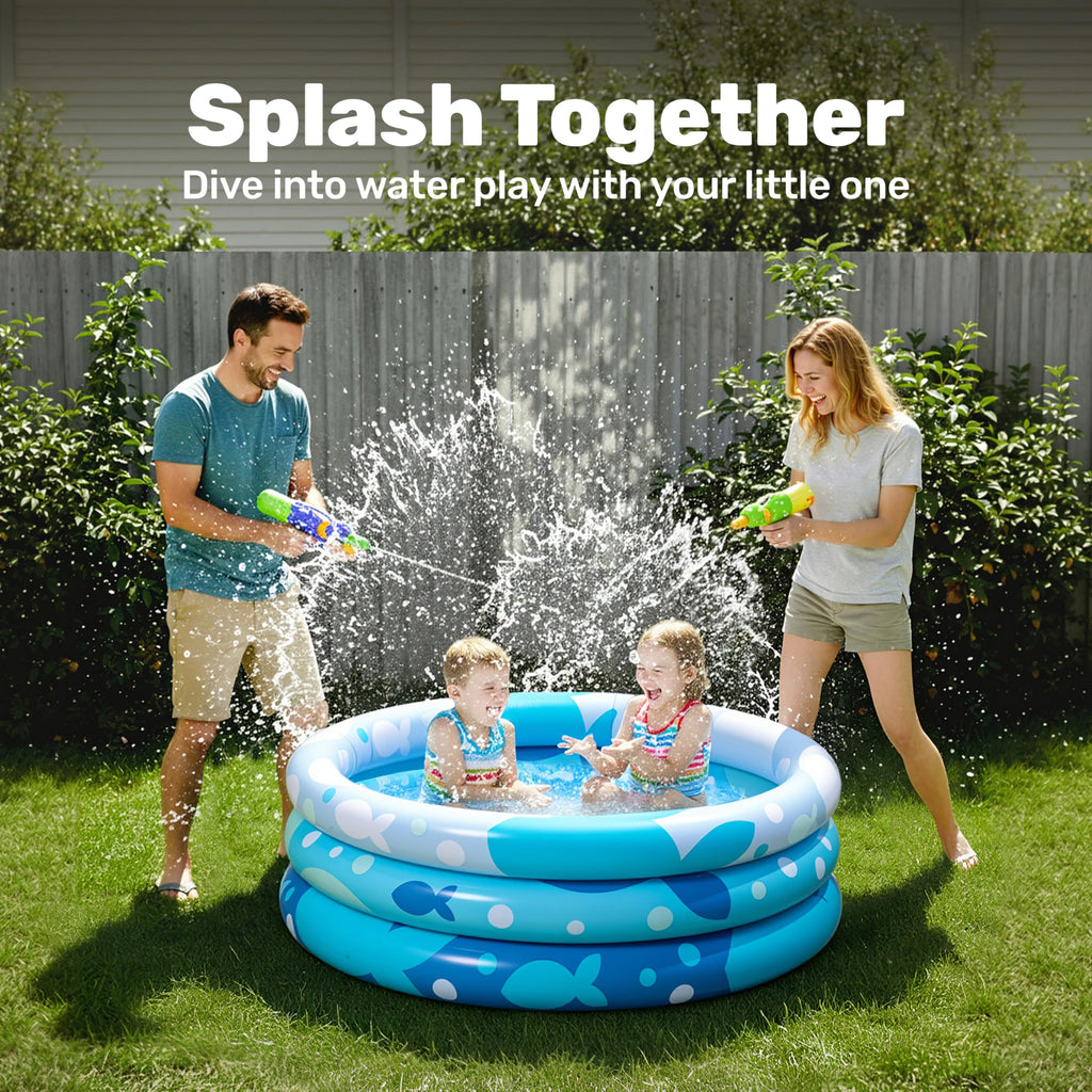 Sloosh Inflatable Kiddie Pool 34x10 Inches – Blue Fish Print Blow Up Pool for Toddlers, Ball Pit or Dog Pool