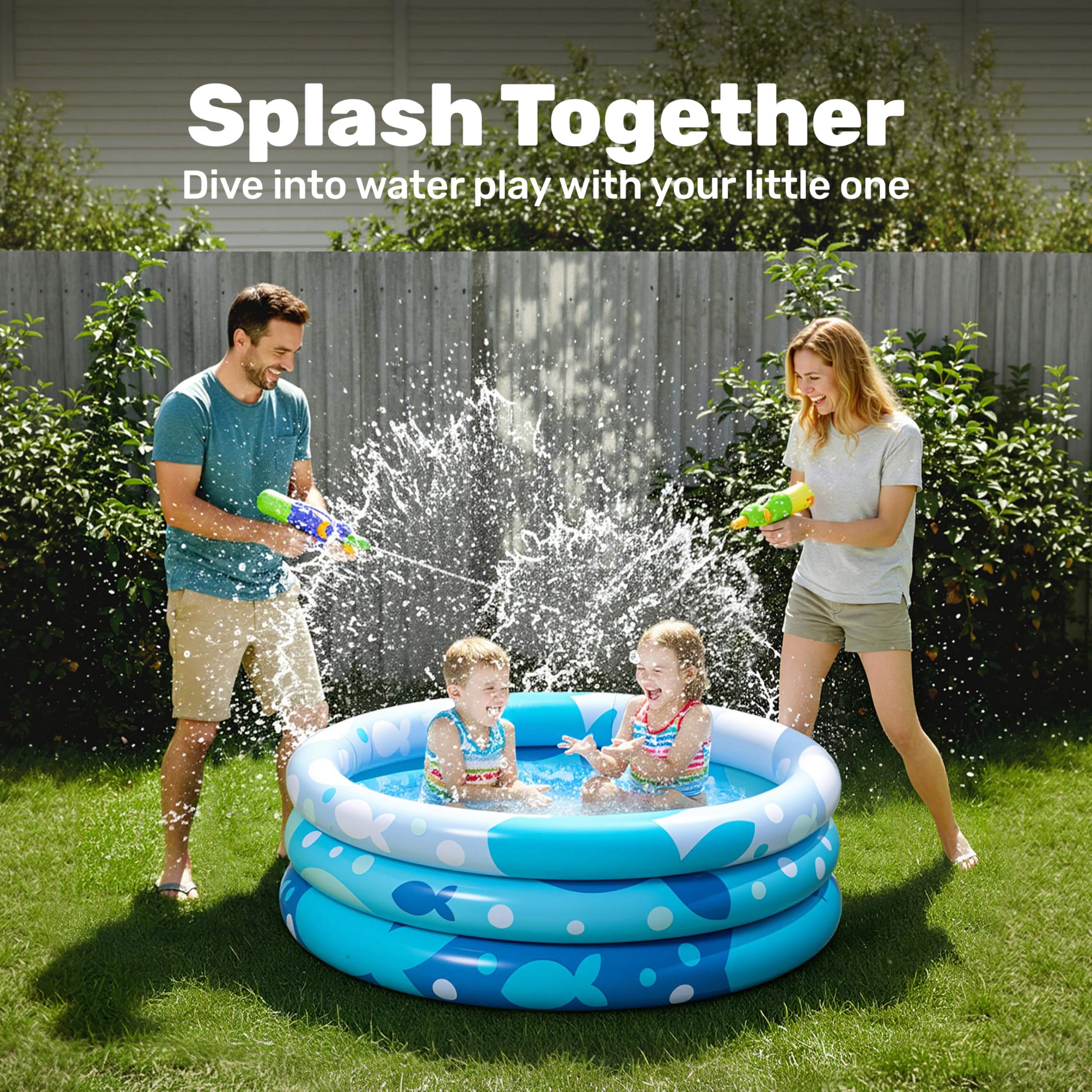 Sloosh Inflatable Kiddie Pool 34x10 Inches – Blue Fish Print Blow Up Pool for Toddlers, Ball Pit or Dog Pool