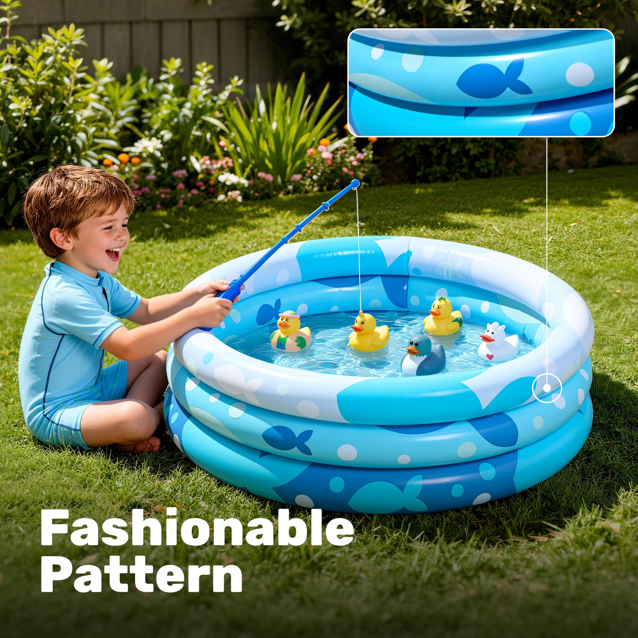 Sloosh Inflatable Kiddie Pool 34x10 Inches – Blue Fish Print Blow Up Pool for Toddlers, Ball Pit or Dog Pool