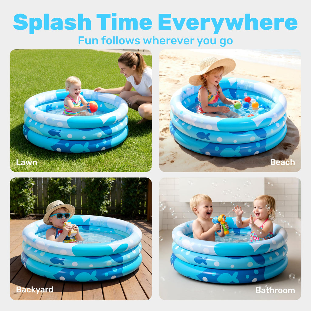 Sloosh Inflatable Kiddie Pool 34x10 Inches – Blue Fish Print Blow Up Pool for Toddlers, Ball Pit or Dog Pool