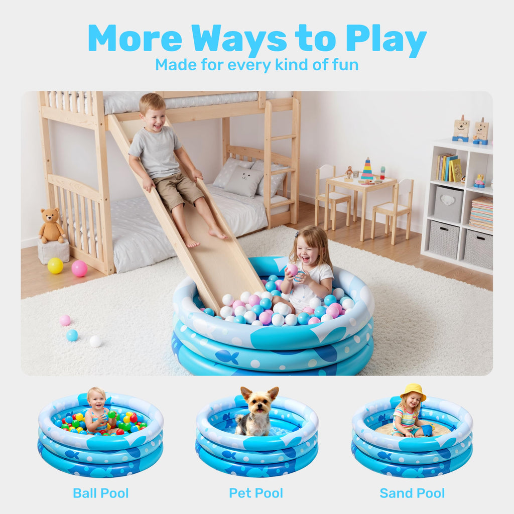 Sloosh Inflatable Kiddie Pool 34x10 Inches – Blue Fish Print Blow Up Pool for Toddlers, Ball Pit or Dog Pool