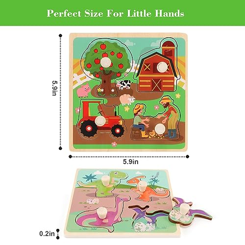 Slotic Wooden Peg Puzzles for Toddlers 1-3 – 4-Pack Farm, Dinosaur, Fruit, Marine Animals