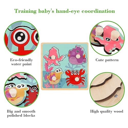 Slotic Wooden Peg Puzzles for Toddlers 1-3 – 4-Pack Farm, Dinosaur, Fruit, Marine Animals
