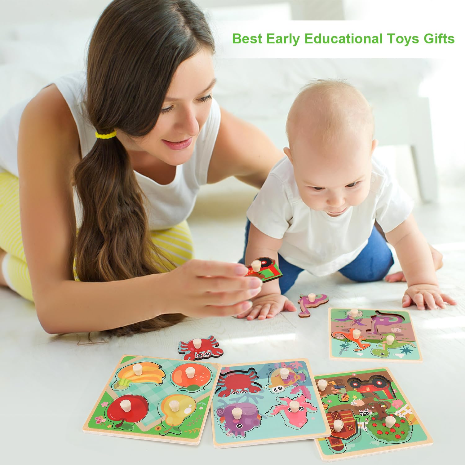 Slotic Wooden Peg Puzzles for Toddlers 1-3 – 4-Pack Farm, Dinosaur, Fruit, Marine Animals