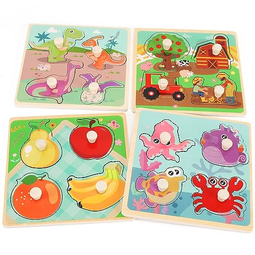 Slotic Wooden Peg Puzzles for Toddlers 1-3 – 4-Pack Farm, Dinosaur, Fruit, Marine Animals