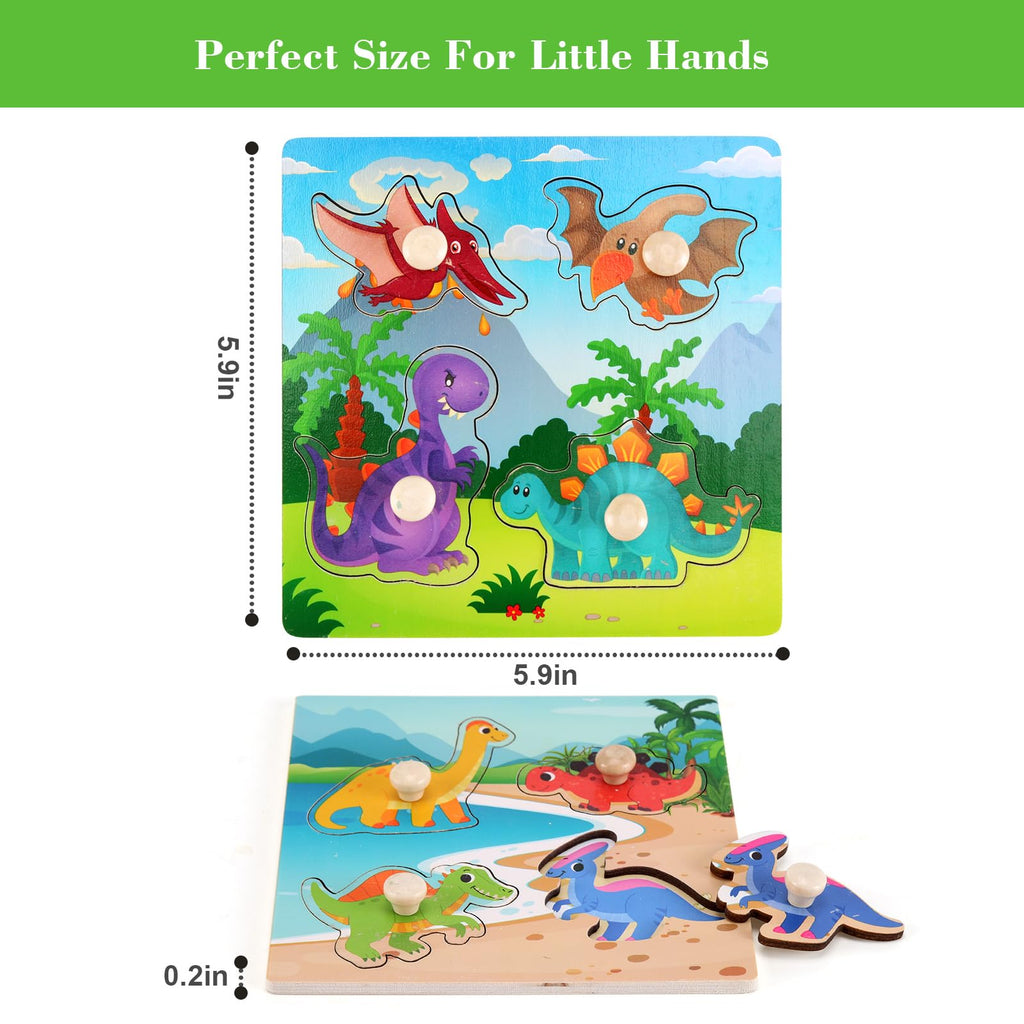 Slotic Wooden Peg Puzzles Set of 4 – Dinosaur Themed Toddler Puzzles for Ages 1-4