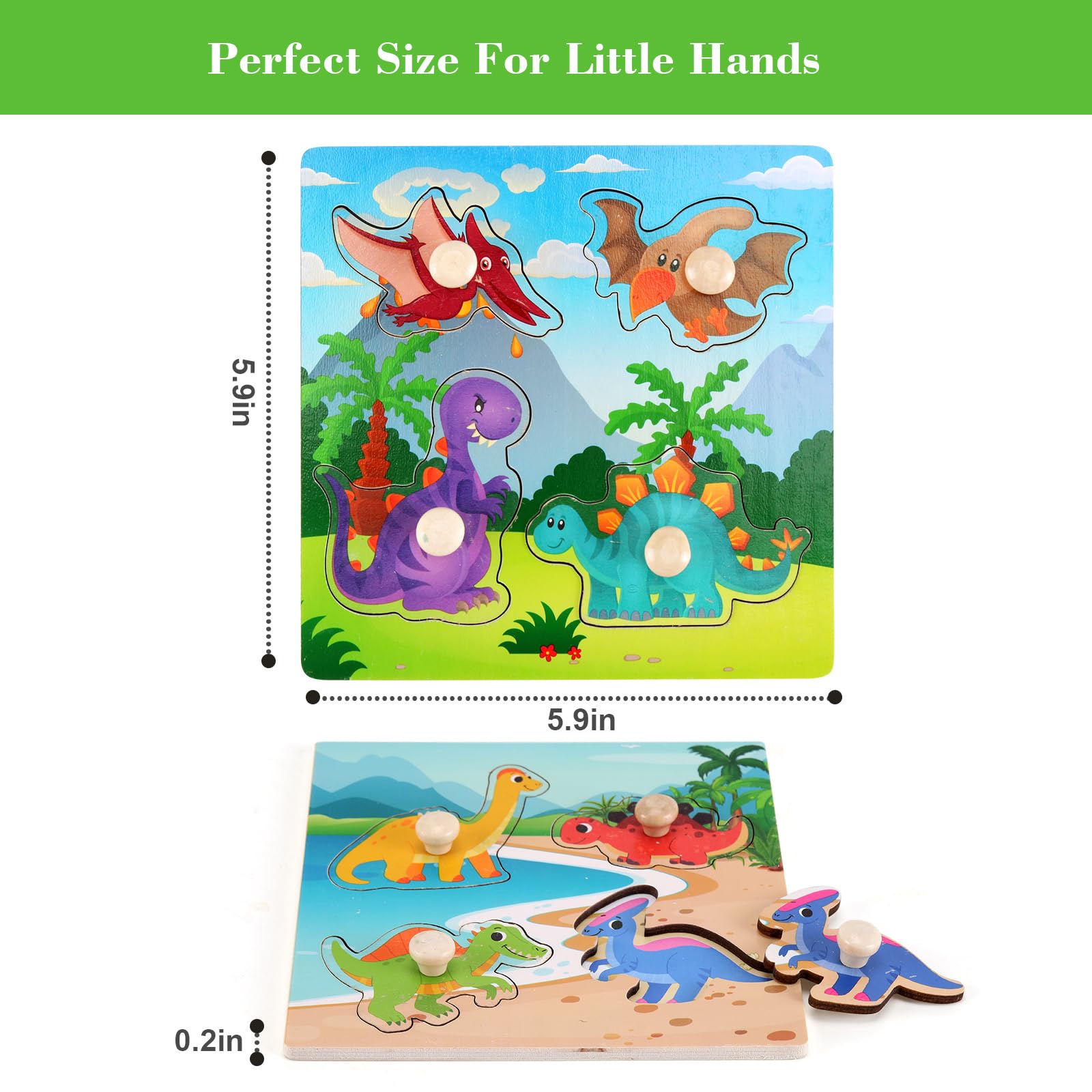 Slotic Wooden Peg Puzzles Set of 4 – Dinosaur Themed Toddler Puzzles for Ages 1-4