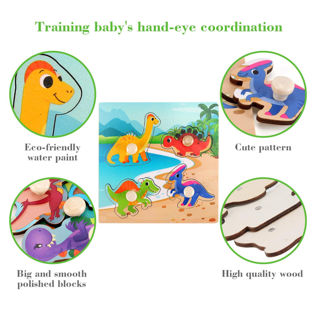 Slotic Wooden Peg Puzzles Set of 4 – Dinosaur Themed Toddler Puzzles for Ages 1-4