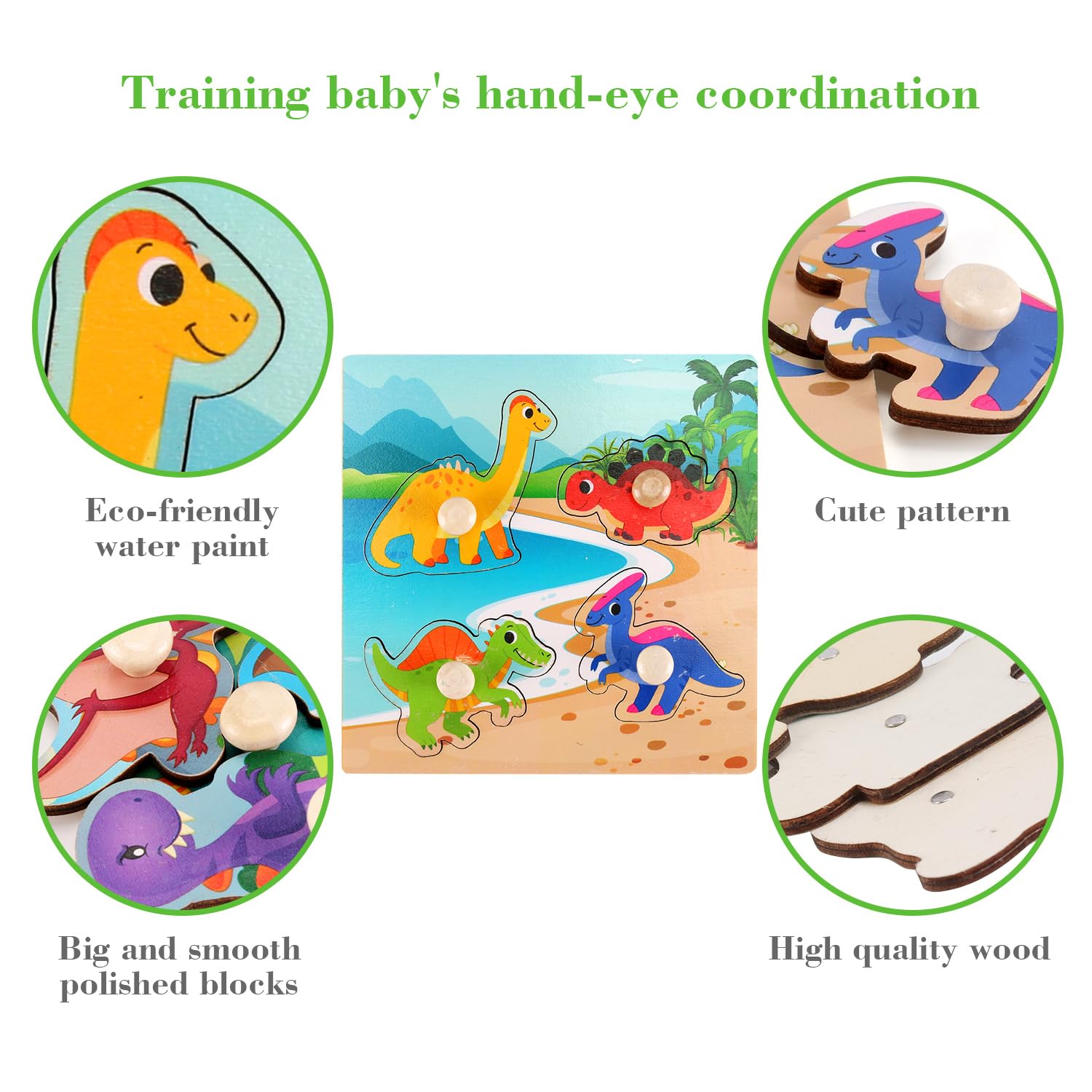 Slotic Wooden Peg Puzzles Set of 4 – Dinosaur Themed Toddler Puzzles for Ages 1-4
