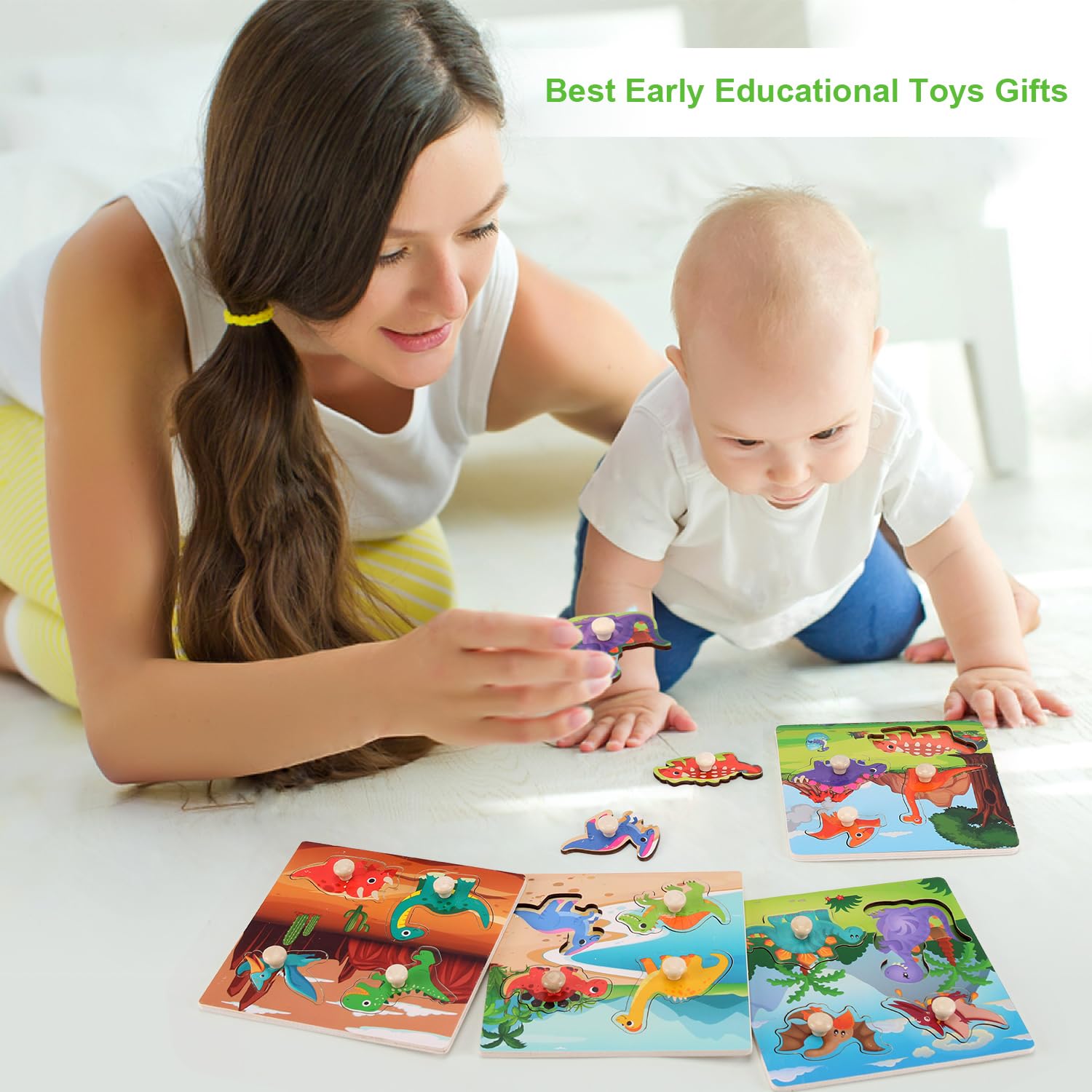 Slotic Wooden Peg Puzzles Set of 4 – Dinosaur Themed Toddler Puzzles for Ages 1-4