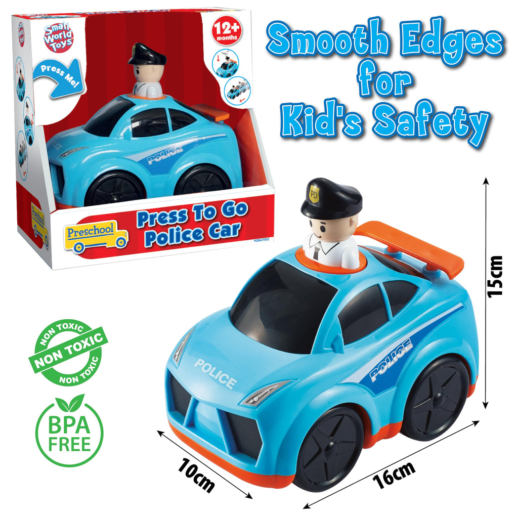 Small World Toys Press 'n Go Police Car - Push Toy for Toddlers 1-3, Pretend Play Rescue Vehicle