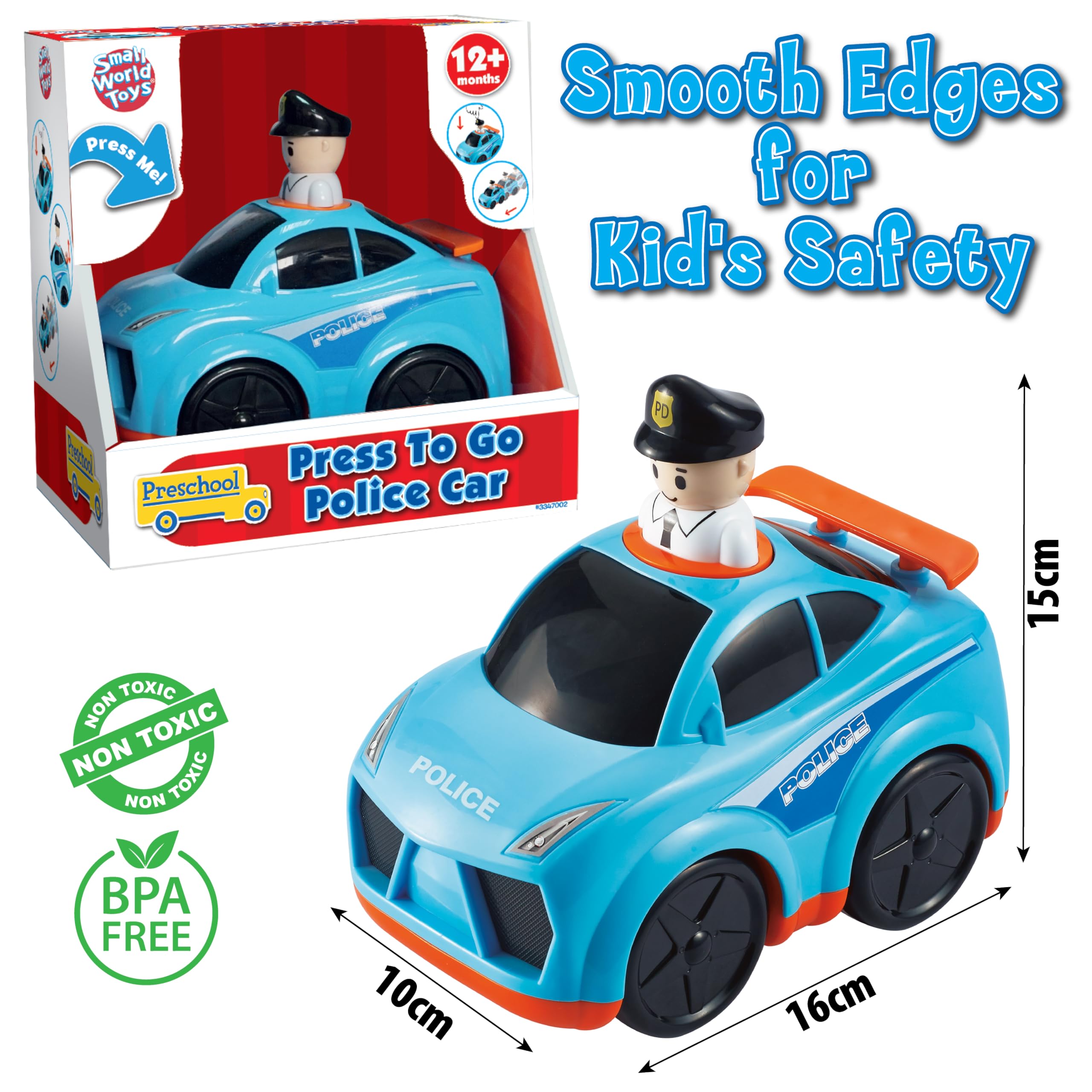 Small World Toys Press 'n Go Police Car - Push Toy for Toddlers 1-3, Pretend Play Rescue Vehicle