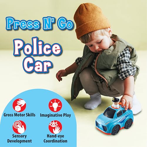 Small World Toys Press 'n Go Police Car - Push Toy for Toddlers 1-3, Pretend Play Rescue Vehicle
