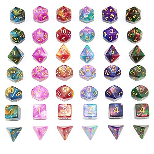 SmartDealsPro 42-Piece Glitter Polyhedral Dice Set (6 Complete Sets) with Pouches for D&D, MTG, RPG