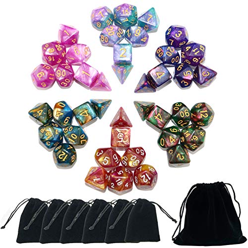 SmartDealsPro 42-Piece Glitter Polyhedral Dice Set (6 Complete Sets) with Pouches for D&D, MTG, RPG