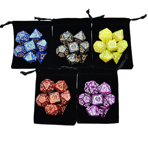 SmartDealsPro 5 Polyhedral Dice Sets (35 Dice) with Pouches – Acrylic D&D Dice with Gold Numbers