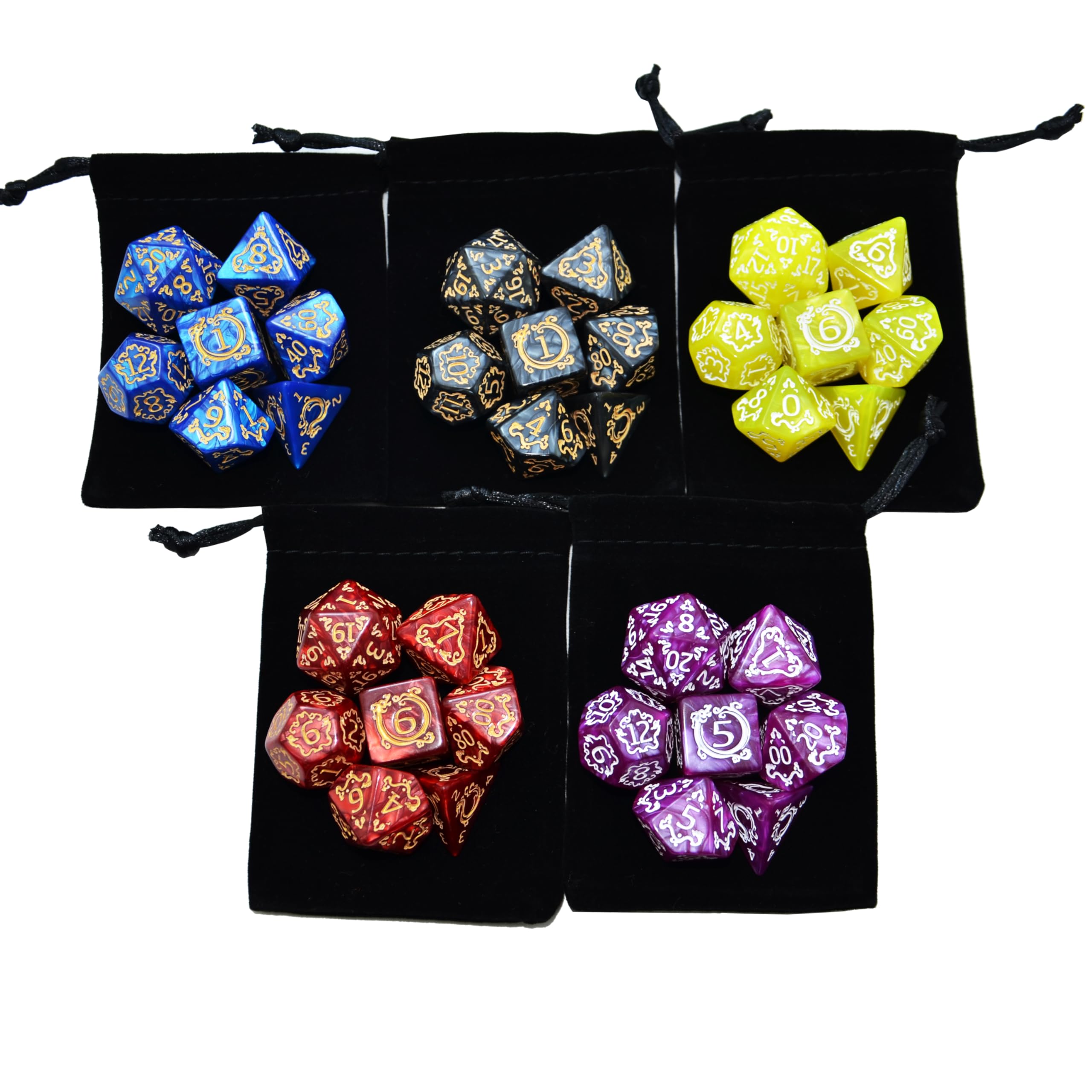 SmartDealsPro 5 Polyhedral Dice Sets (35 Dice) with Pouches – Acrylic D&D Dice with Gold Numbers