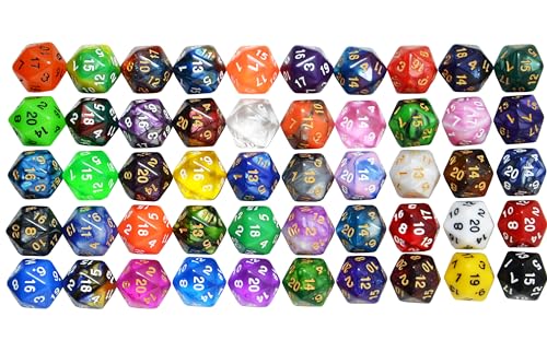 SmartDealsPro 50-Pack D20 Dice Set – Mixed Colors, 22mm Polyhedral Dice with Velvet Pouch for DND, MTG, RPG & Tabletop Games