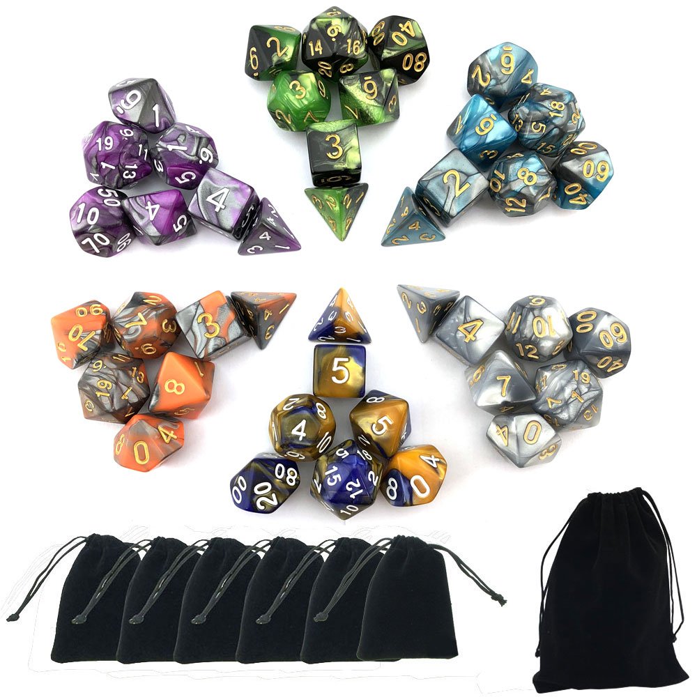 SmartDealsPro Double-Colors Polyhedral Dice Sets – 42 Acrylic Dice with 7 Pouches for D&D RPG MTG
