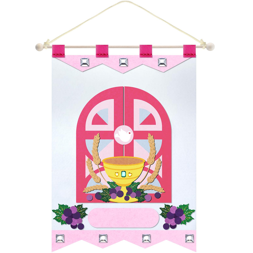 SmoothNovelty First Communion Banner Kit – Pink Felt 9x12 Inch with Wooden Stick