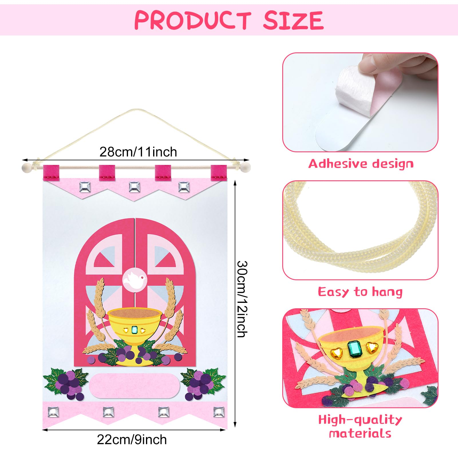 SmoothNovelty First Communion Banner Kit – Pink Felt 9x12 Inch with Wooden Stick