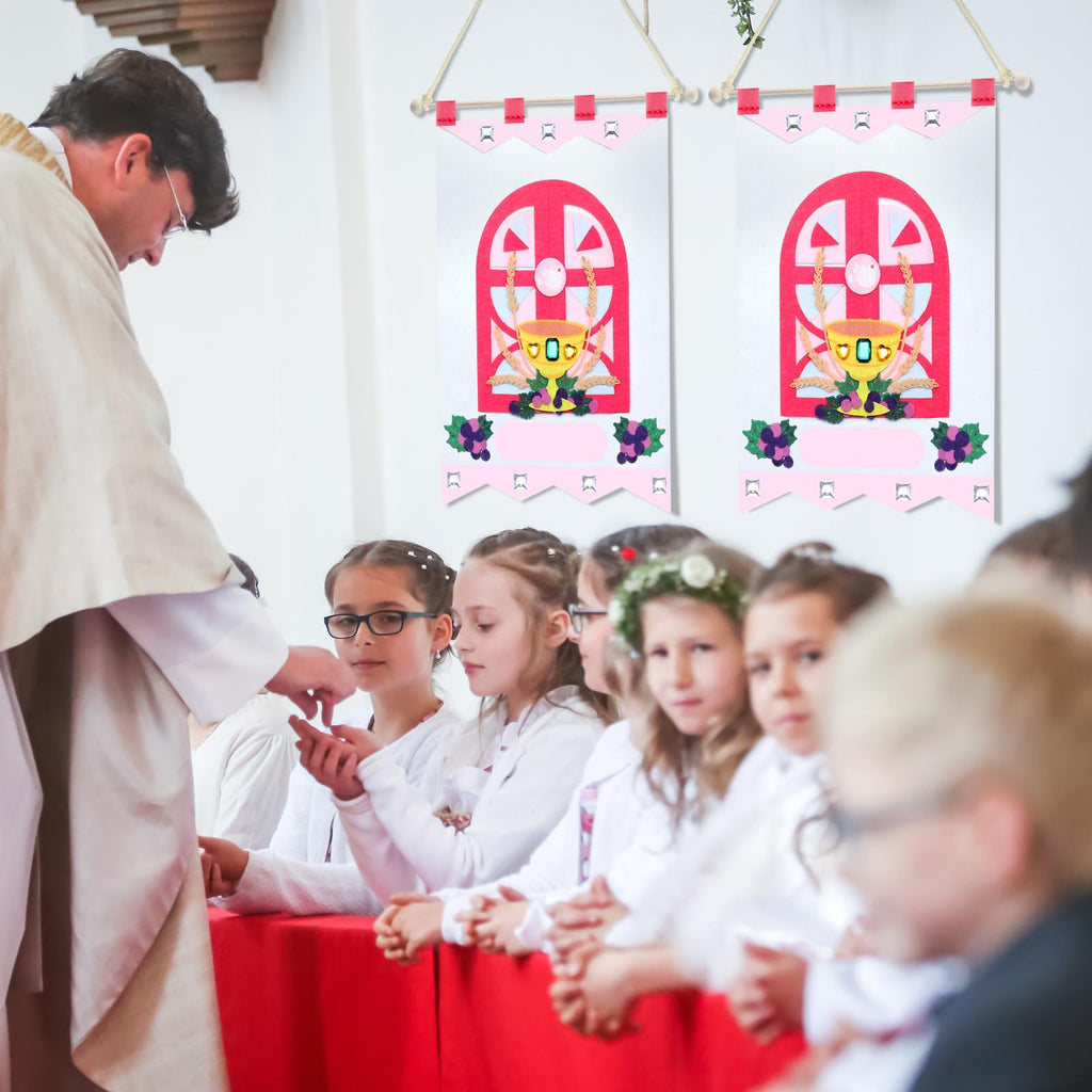SmoothNovelty First Communion Banner Kit – Pink Felt 9x12 Inch with Wooden Stick