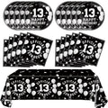 SNIMICS 41-Piece 13th Birthday Tableware Set – Black Silver Plates, Napkins & Tablecloth for Teen Party