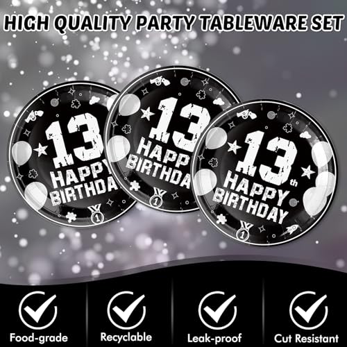 SNIMICS 41-Piece 13th Birthday Tableware Set – Black Silver Plates, Napkins & Tablecloth for Teen Party