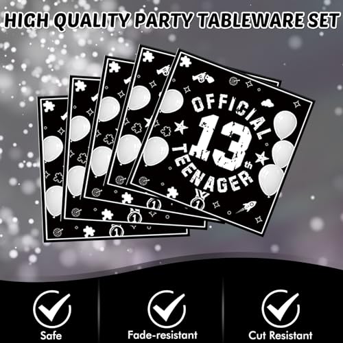 SNIMICS 41-Piece 13th Birthday Tableware Set – Black Silver Plates, Napkins & Tablecloth for Teen Party