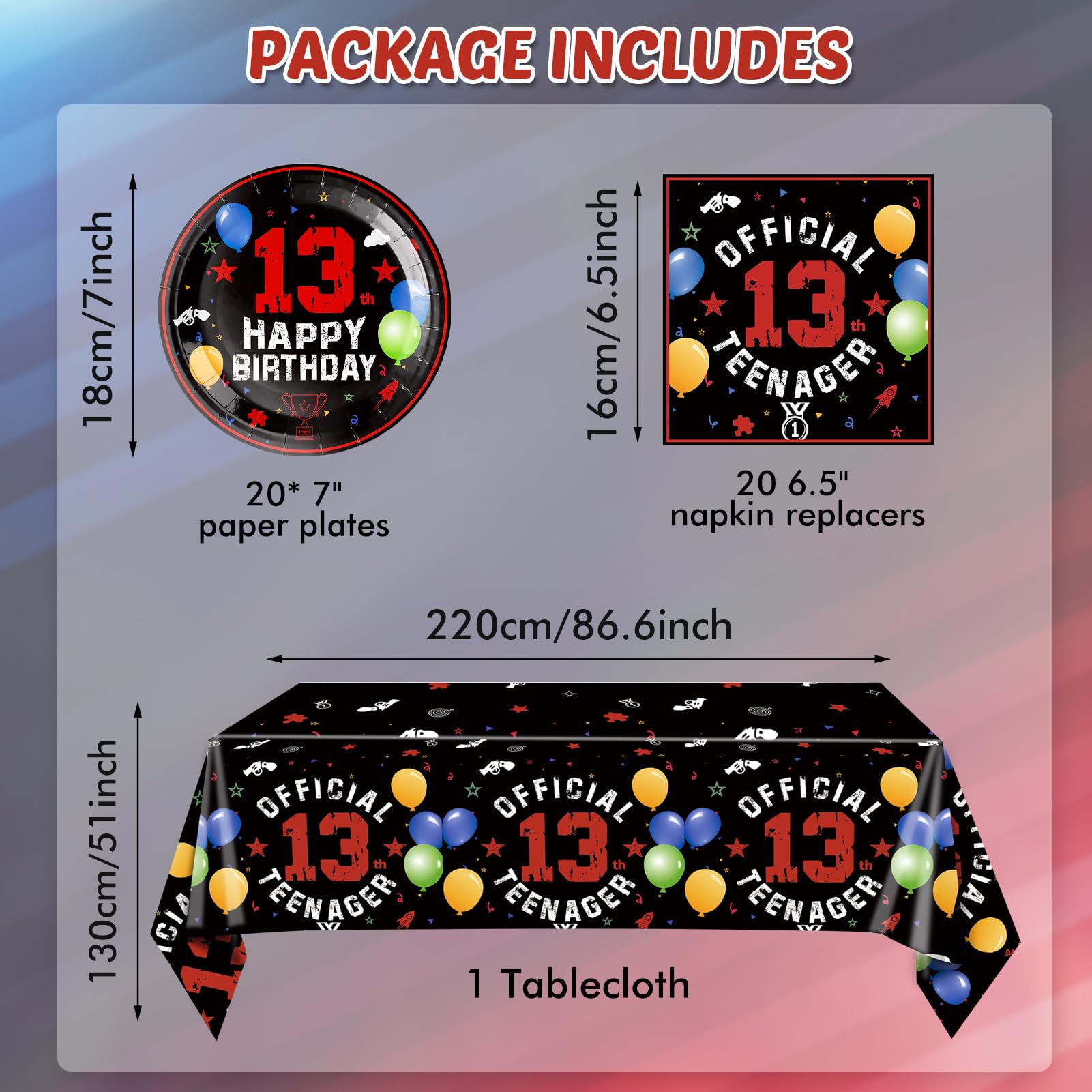 SNIMICS 41PCS 13th Birthday Party Decorations Kit - Red & Black Theme with Plates, Napkins, Tablecloth for Boys & Girls