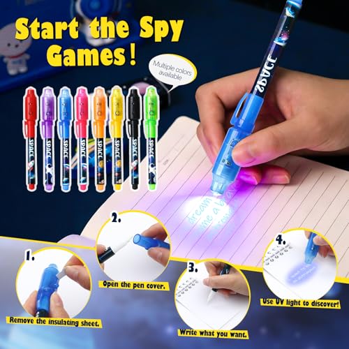 SNLN 24-Piece Invisible Ink Pen and Notebook Pack – Space Party Favors with UV Light Spy Pens for Kids