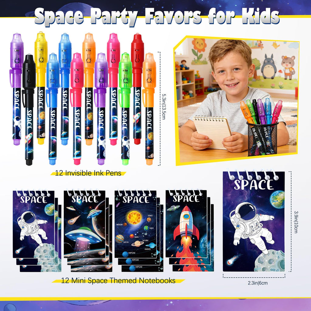 SNLN 24-Piece Invisible Ink Pen and Notebook Pack – Space Party Favors with UV Light Spy Pens for Kids