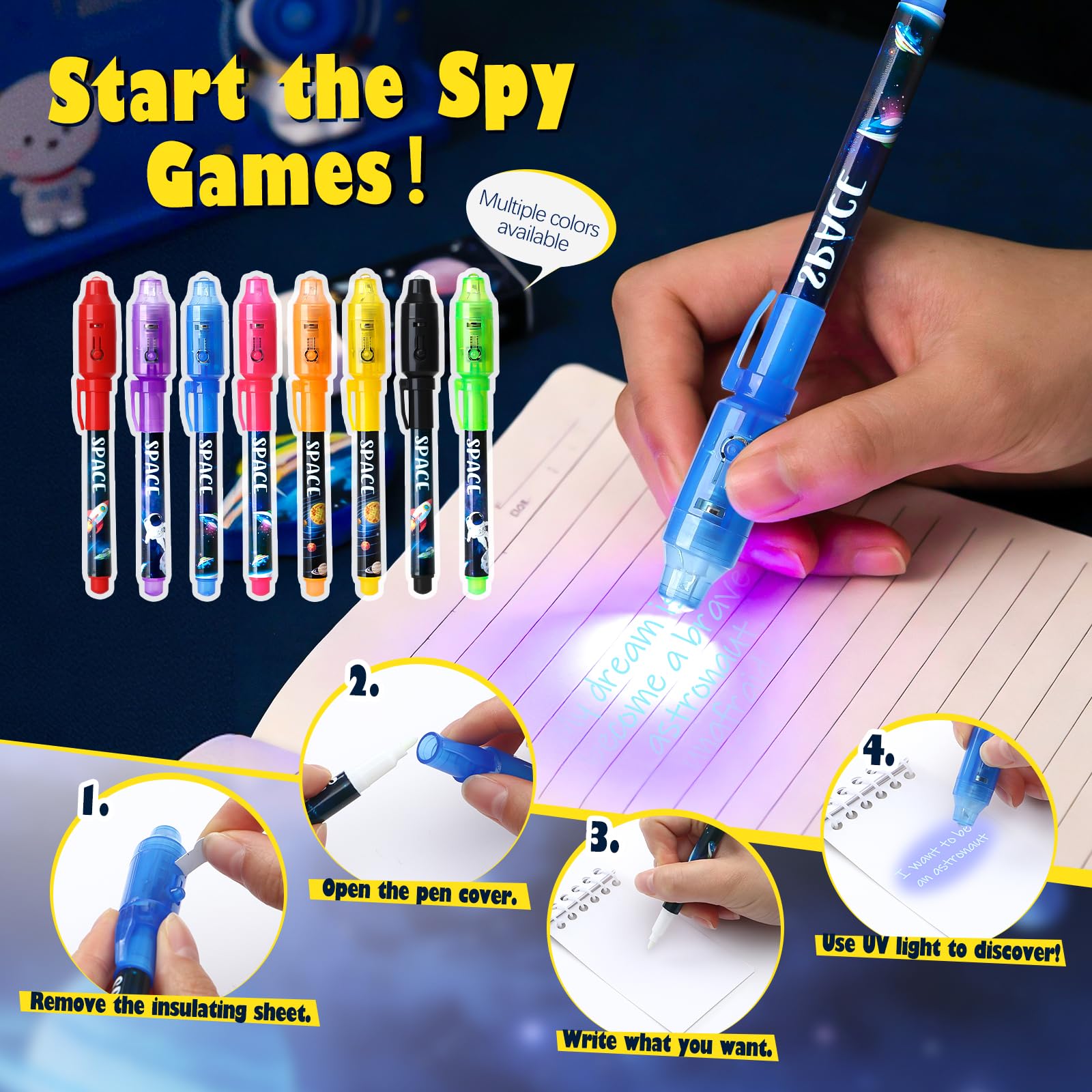 SNLN 24-Piece Invisible Ink Pen and Notebook Pack – Space Party Favors with UV Light Spy Pens for Kids