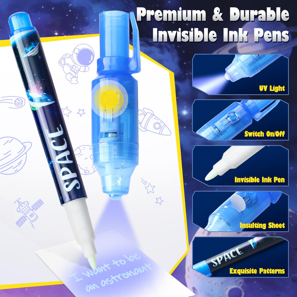 SNLN 24-Piece Invisible Ink Pen and Notebook Pack – Space Party Favors with UV Light Spy Pens for Kids