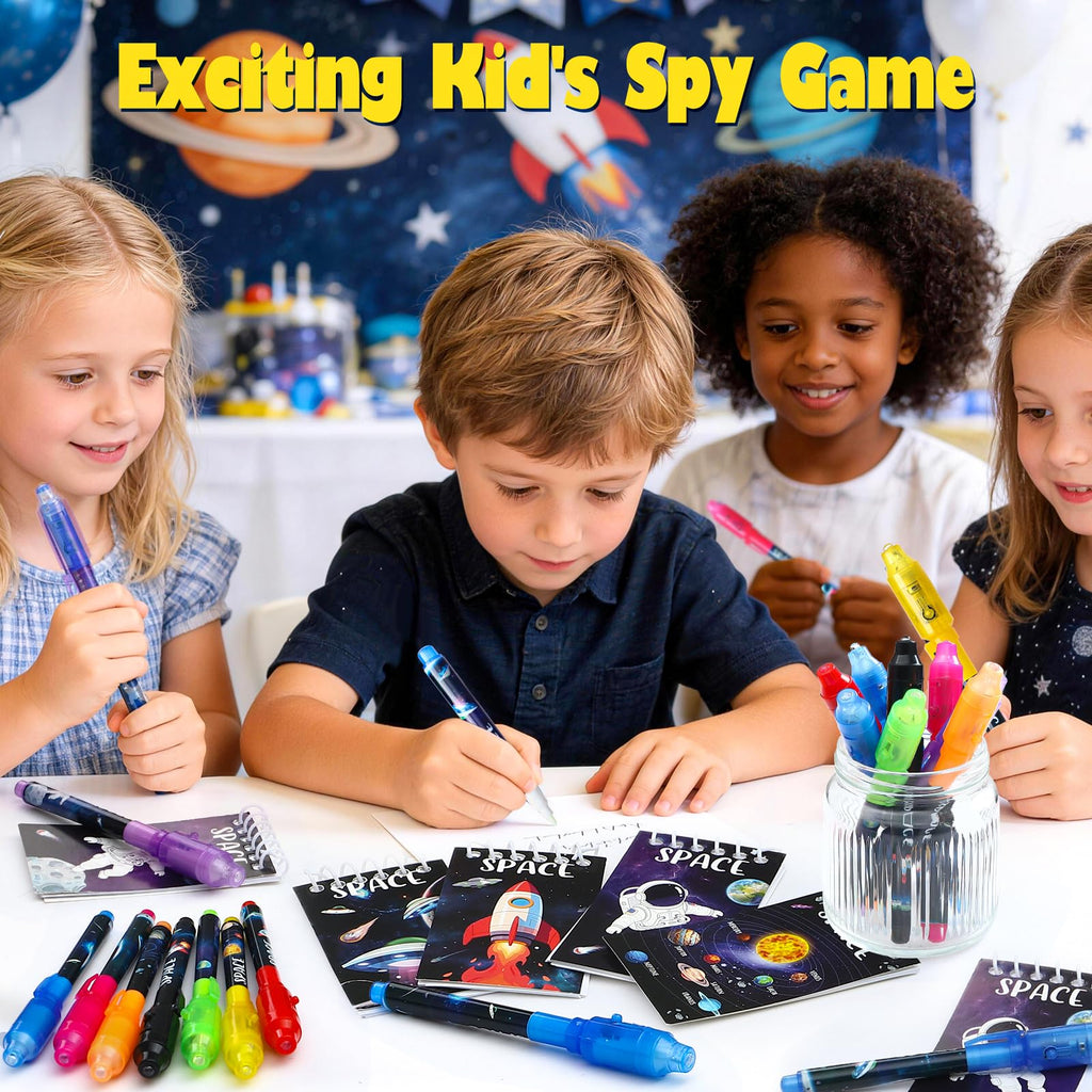 SNLN 24-Piece Invisible Ink Pen and Notebook Pack – Space Party Favors with UV Light Spy Pens for Kids