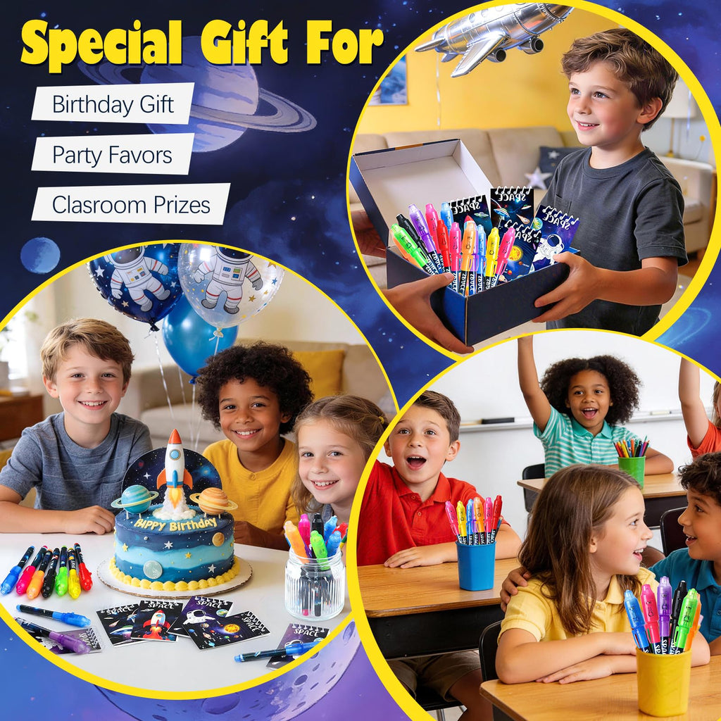 SNLN 24-Piece Invisible Ink Pen and Notebook Pack – Space Party Favors with UV Light Spy Pens for Kids