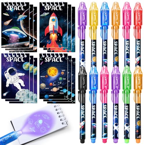 SNLN 24-Piece Invisible Ink Pen and Notebook Pack – Space Party Favors with UV Light Spy Pens for Kids